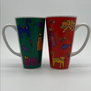 Vintage Cat Large Stoneware Mugs By Riviera Van Beers - Red & Green (Set of 2)